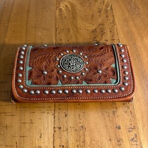 American West Brown and Green Embossed Wallet GENUINE LEATHER